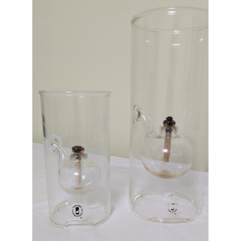 2 Wolfard Hand Blown Clear Glass Classic MCM Floating Oil Lamps w/ Wicks 6" & 9"